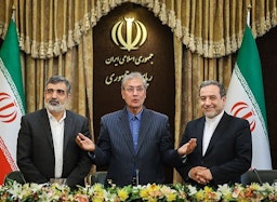 Atomic Energy Organization of Iran spokesman Behrouz Kamalvandi (L), government spokesman Ali Rabiee and senior nuclear negotiator Abbas Araqchi (R) in Tehran on July. 7, 2019. (Photo by Hamed Malekpour via Tasnim News Agency)