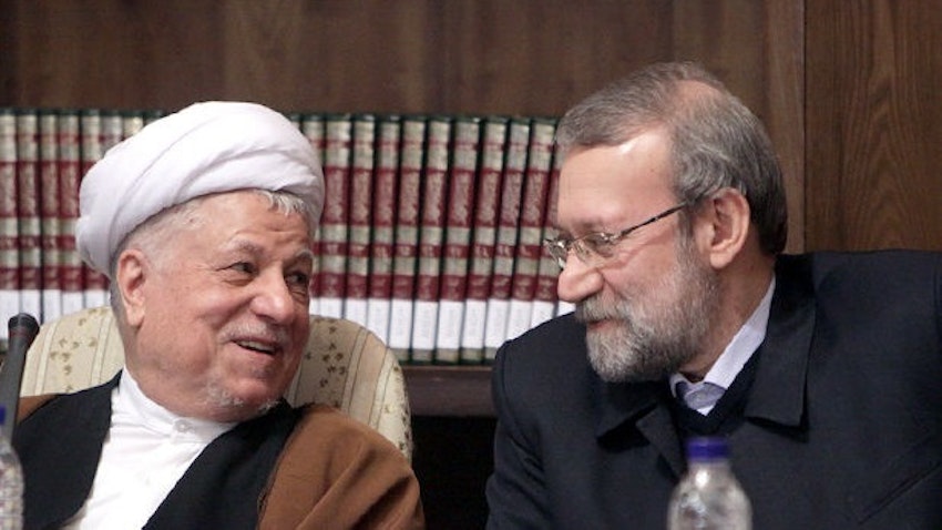 Ali Larijani and Akbar Hashemi Rafsanjani at a summit in Tehran.  Dec. 29, 2013. (Photo by Mohammad Kazempour via Nasim News Agency)