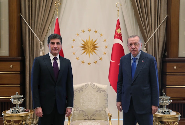 Turkish President Recep Tayyip Erdogan meets Kurdistan Regional Government President Nechirvan Barzani in Ankara on Sept. 4, 2020. (Photo via Getty Images)