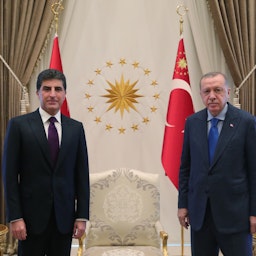 دیدار رجب طیب اردوغان، رئیس‌جمهور ترکیه (راست) با نچیروان بارزانی، رئیس‌جهمور اقلیم کردستان؛ آنکارا؛ ۱۴ شهریور ۱۳۹۹/ ۴ سپتامبر ۲۰۲۰. (عکس از گتی ایمیجز)