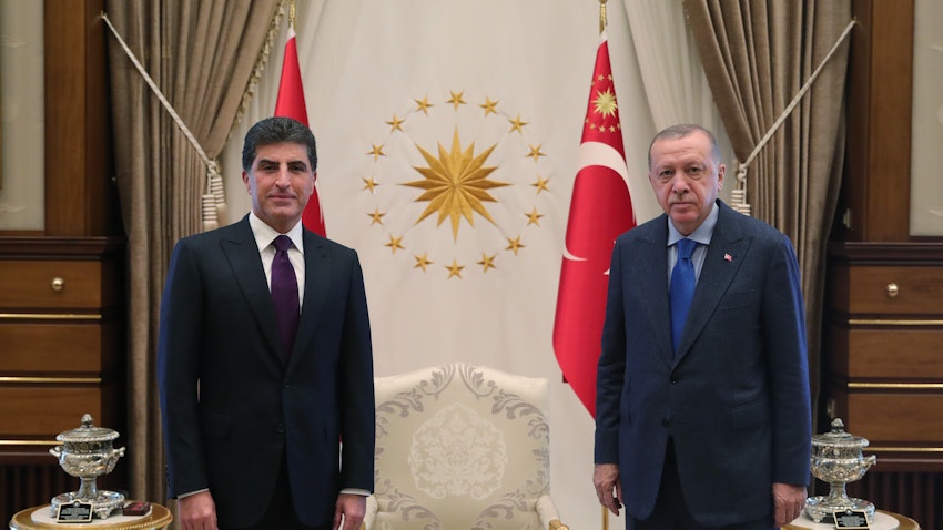 Turkish President Recep Tayyip Erdoğan (R) meets Kurdistan Regional Government President Nechirvan Barzani in Ankara on Sept. 4, 2020. (Photo via Getty Images)