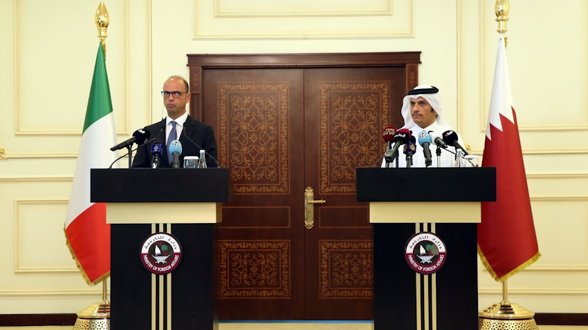 Qatar's deputy prime minister and foreign minister holds a joint press conference with the Italian foreign minister in Doha on Aug. 2, 2017. (Photo via Getty Images)
