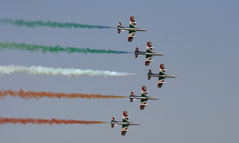 The Italian Frecce Tricolori aerobatic squad at the Dubai Airshow in the UAE on Nov. 16, 2009. (Photo via Getty Images)