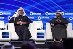 Saudi Energy Minister Abdulaziz bin Salman Al Saud (L) and his Emirati counterpart Suhail al-Mazrouei attend a summit in Abu Dhabi on Jan. 14, 2020. (Photo via Getty Images)