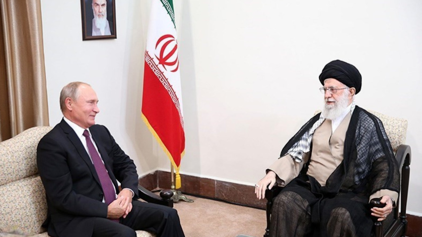 Iran's Supreme Leader Ayatollah Ali Khamenei (R) speaks with Russia's President Vladimir Putin in Tehran on Sept. 7, 2018. (Photo via Leader.ir)