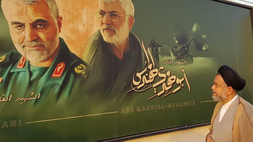 وزير الاستخبارات الإيراني يزور موقع اغتيال قائد فيلق القدس السابق قاسم سليماني في بغداد. 14 يوليو/تموز 2021 (الصورة عبر مواقع التواصل الاجتماعي)