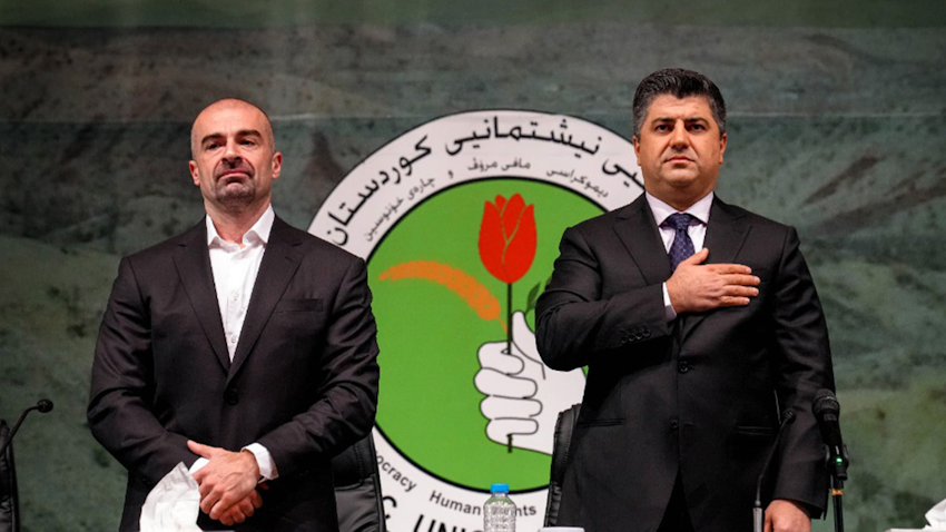 زعيما الاتحاد الوطني الكردستاني لاهور شيخ جنكي طالباني (إلى اليمين) وبافل طالباني (إلى اليسار). 15 يونيو/ حزيران 2021. (الصورة عبر فيسبوك/ lahurTalabany@)