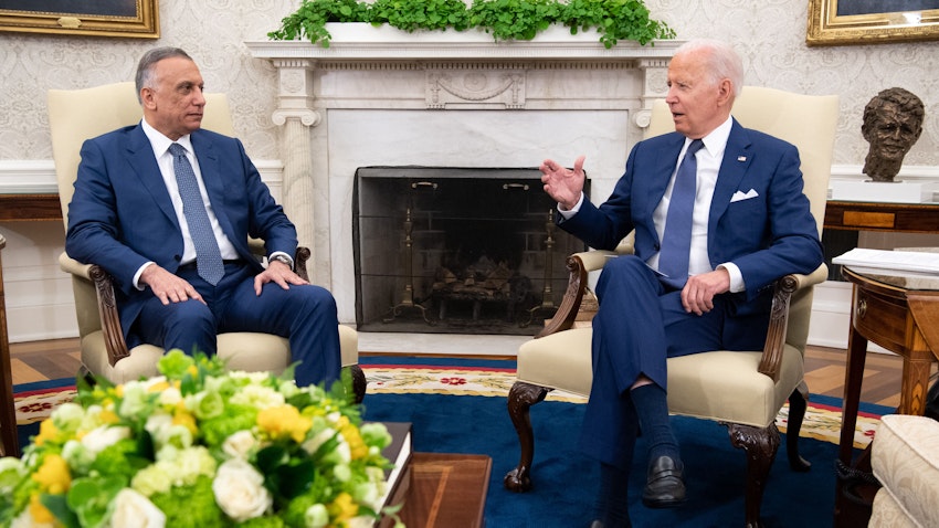 US President Joe Biden speaks with Iraqi Prime Minister Mustafa Al-Kadhimi in the White House on July 26, 2021. (Photo via Getty Images)