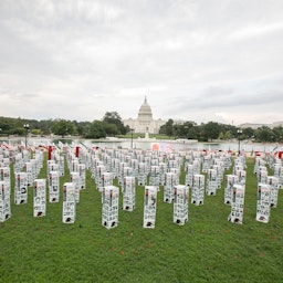 A photo exhibit in remembrance of Iranian dissidents executed in 1988. In Washington DC, US on Sept. 4, 2020. (Photo via Getty Images)