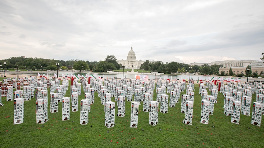 A photo exhibit in remembrance of Iranian dissidents executed in 1988. In Washington DC, US on Sept. 4, 2020. (Photo via Getty Images)