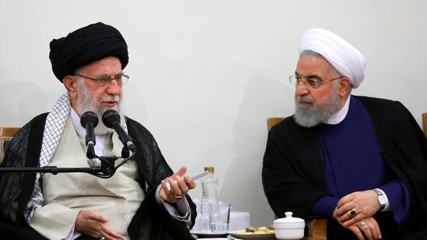 Iran's Supreme Leader Ayatollah Ali Khamenei and then President Hassan Rouhani in a meeting in Tehran on Aug. 21, 2019 (Photo via Iran's supreme leader's website)