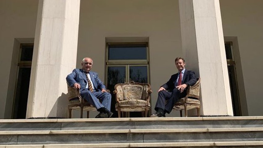 Russian Ambassador Levan Dzhagaryan meets with his new British counterpart Simon Shercliff in Tehran on Aug. 11, 2021. (Photo via Twitter/@RusEmbIran)