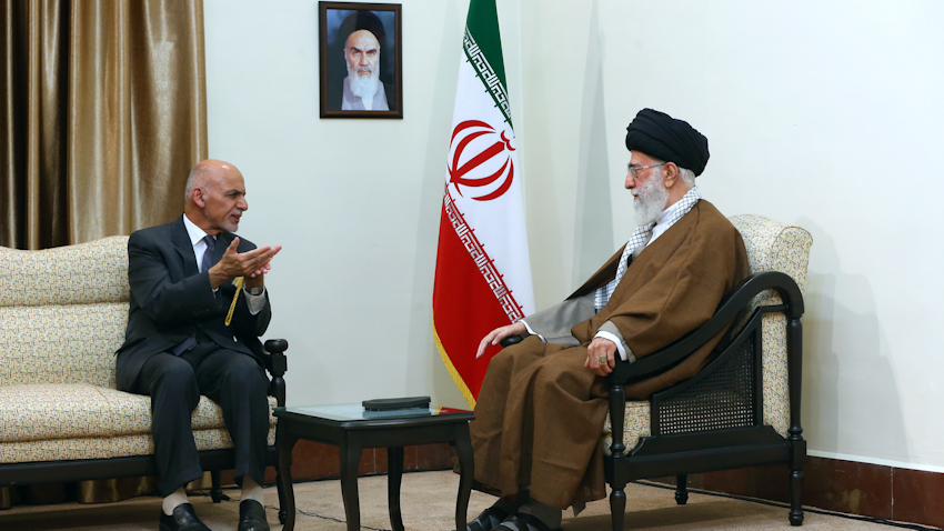 Iran's Supreme Leader Ayatollah Ali Khamenei (R) meets with Afghan President Ashraf Ghani in Tehran on May 23, 2016 . (Photo via Khamenei.ir)