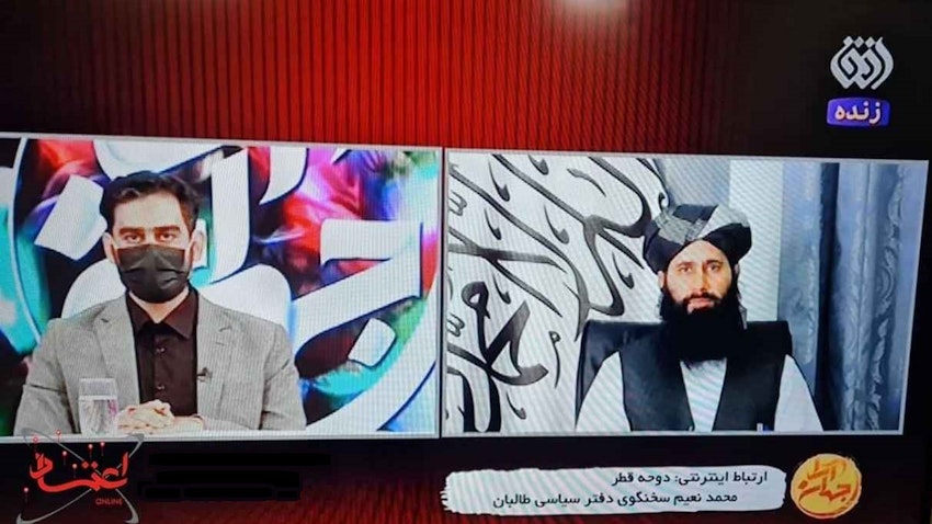 Taliban spokesman Mohammad Naeem appears on Iranian state TV on Aug. 21, 2021. (Screengrab via Etemadonline)