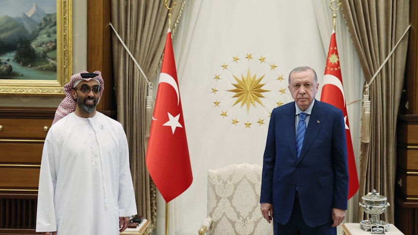 Turkish President Recep Tayyip Erdogan (R) meets the UAE's national security advisor Tahnoon bin Zayed Al Nahyan (L) in Ankara on Aug. 18, 2021. (Photo via Getty Images)