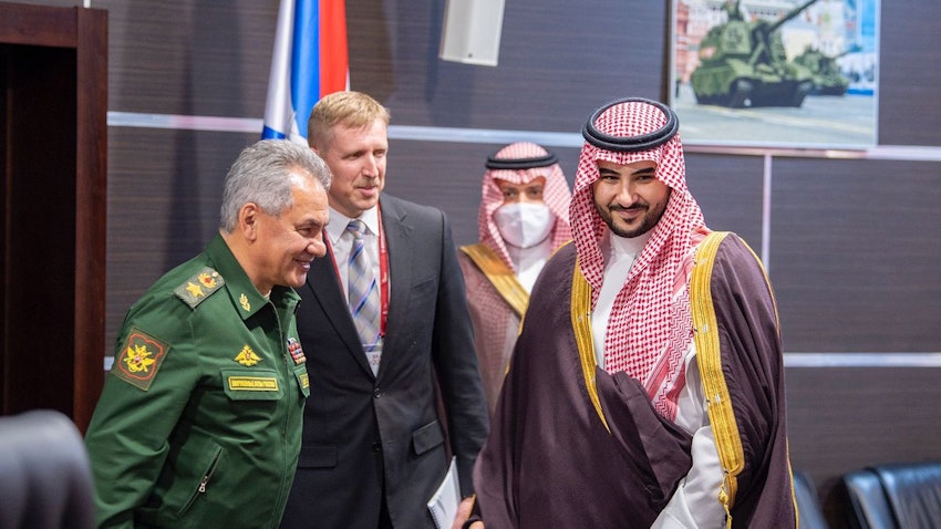 Saudi Deputy Defense Minister Prince Khalid bin Salman Al Saud (R) meets with Russian Defense Minister Sergei Shoigu (L) in Moscow on Aug. 23, 2021. (Handout photo via Twitter)