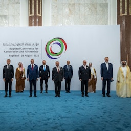 Iraq's prime minister hosts the Iranian and Saudi foreign ministers among other foreign dignitaries in Baghdad on Aug. 28, 2021. (Photo via Getty Images)