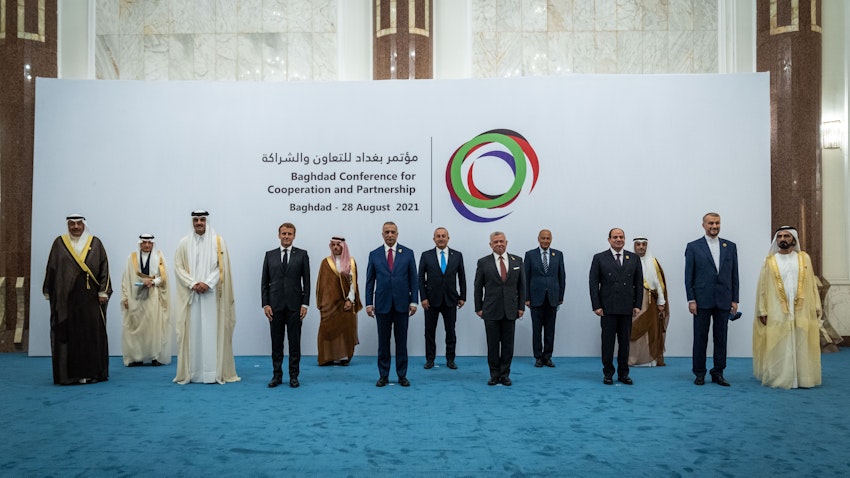 Iraq's prime minister hosts the Iranian and Saudi foreign ministers among other foreign dignitaries in Baghdad on Aug. 28, 2021. (Photo via Getty Images)