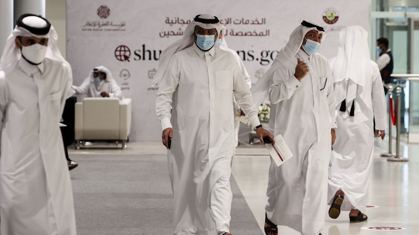 Qatari candidates register to run in the country's elections as members of the Shura Council in Doha, on Aug. 22, 2021. (Photo via Getty Images)