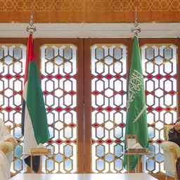 Abu Dhabi Crown Prince Mohammed bin Zayed Al Nahyan (L) meets with Saudi Crown Prince Mohammed bin Salman in Riyadh, Saudi Arabia on Jul. 19, 2021. (Photo via Getty Images)