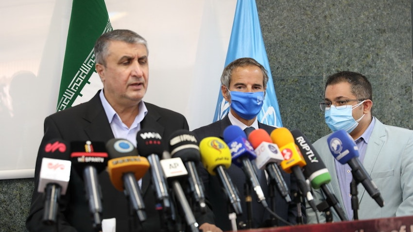 IAEA Director General Rafael Grossi and AEOI chief Mohammad Eslami at a joint press conference in Tehran on Sept. 12, 2021. (Photo via Getty Images)