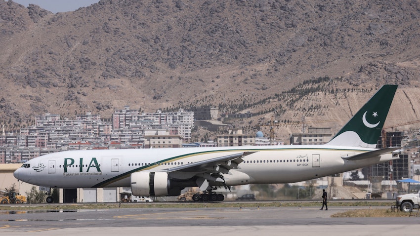 A Pakistan International Airlines plane is the first international commercial flight to land since the Taliban retook power in Afghanistan. Kabul on Sept. 13 2021. (Photo via Getty Images)