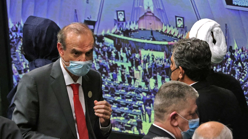 European External Action Service (EEAS) Deputy Secretary General Enrique Mora (L) attends the swearing in ceremony of Iran’s President Ebrahim Raisi in Tehran on Aug. 5, 2021. (Photo via Getty Images)