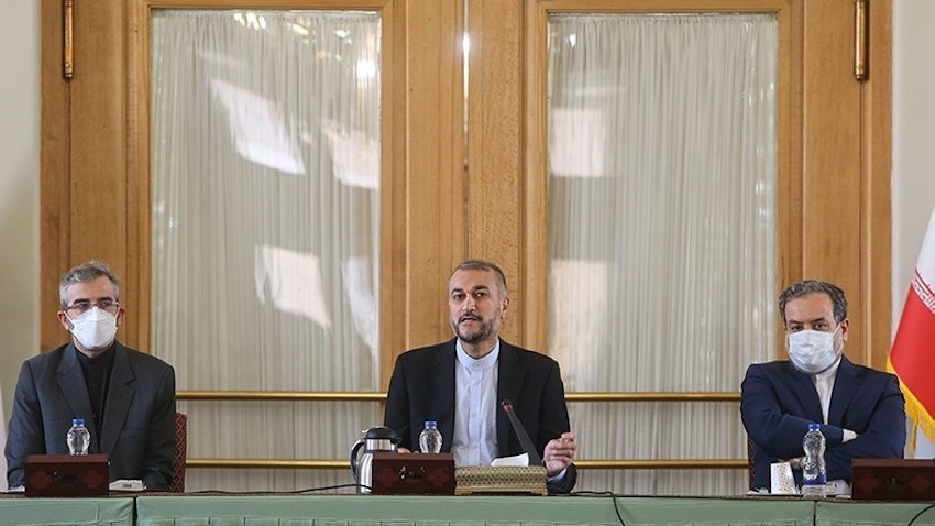 Iranian Foreign Minister Hossein Amir-Abdollahian addresses a meeting in Tehran, Iran on Sept. 19, 2021. (Photo by Hamed Jafarnejad via Tasnim News Agency)