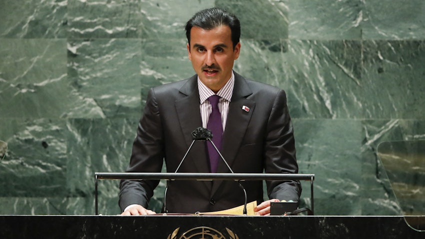 Qatari Emir Sheikh Tamim bin Hamad Al Thani addresses the 76th Session of the UN General Assembly on Sept. 21, 2021 in New York. (Photo via Getty Images)