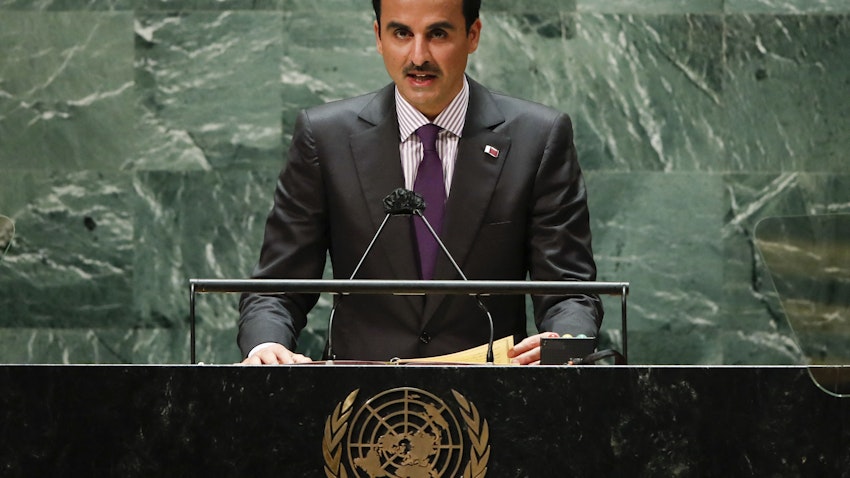 أمير قطر الشيخ تميم بن حمد آل ثاني في خطاب في الدورة 76 للجمعية العامة للأمم المتحدة. 21 سبتمبر/ أيلول 2021 في نيويورك. (الصورة عبر غيتي إيماجز)