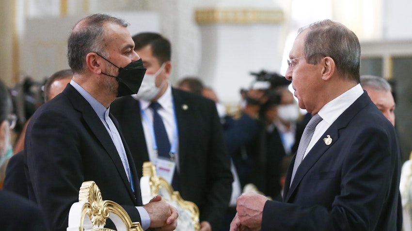 Iran's Foreign Minister Hossein Amir-Abdollahian (L) and Russia's Foreign Minister Sergey Lavrov at the Shanghai Cooperation Organization Summit in Dushanbe, Tajikistan on Sept. 17, 2021. (Photo via Getty Images)