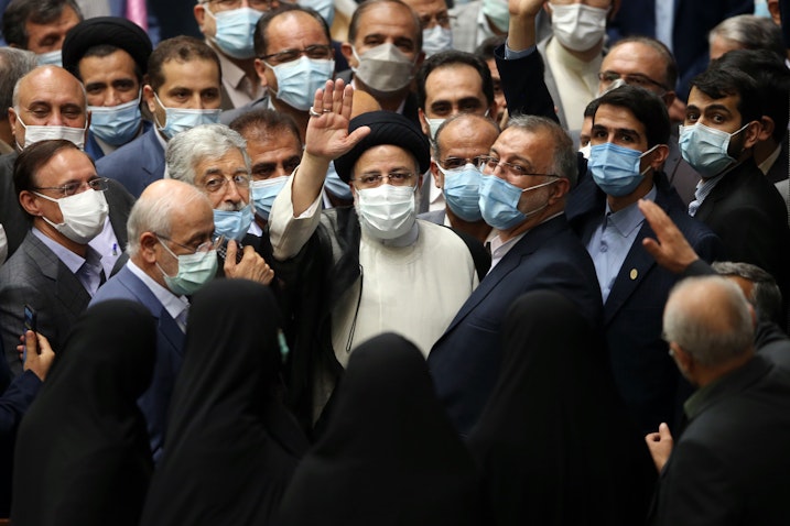 Iranian President Ebrahim Raisi looks on during his swearing-In ceremony on Aug. 5, 2021 in Tehran. (Photo via Getty Images)