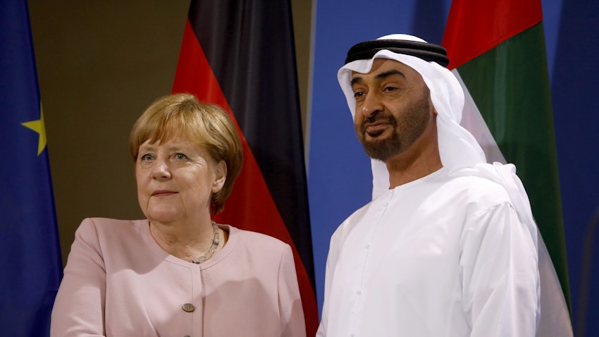The Crown Prince of Abu Dhabi, Mohammed bin Zayed Al Nahyan, and then German Chancellor Angela Merkel in Berlin, Germany on June 12, 2019. (Photo via Getty Images)