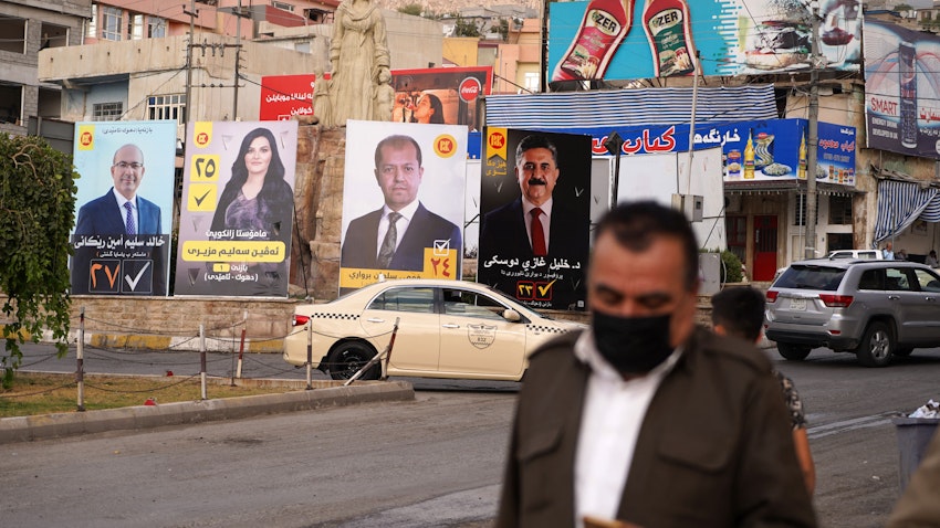 Electoral banners for the Iraqi parliamentary elections of Oct. 10 in the streets of the northern city of Dohuk on Oct.3, 2021. (Photo via Getty Images)