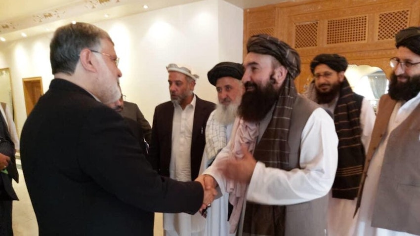 Mohammad Sadeq Motamedian, the governor of Iran’s Khorasan Razavi Province, meeting Taliban officials in Afghanistan on Oct. 5, 2021. (Photo via Hamshahri Online)