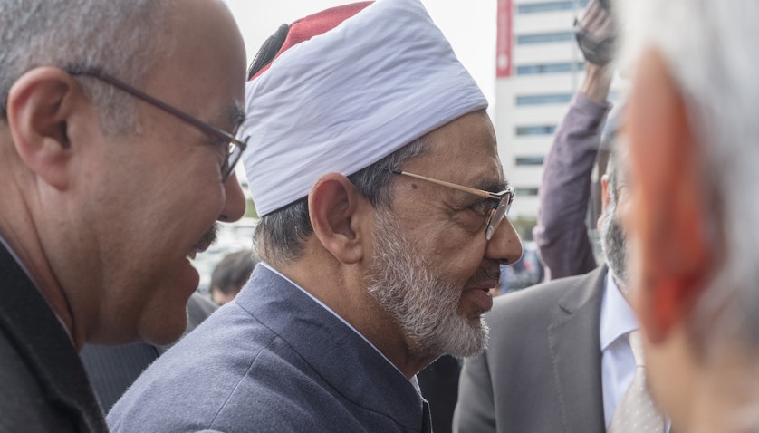 Grand Imam of Al-Azhar, Ahmed Mohamed El-Tayeb, arrives in Lisbon’s Central Mosque on March 15, 2018. (Photo via Getty Images)