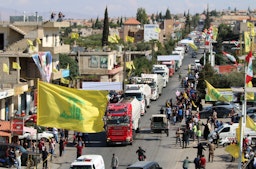 Tankers carrying Iranian fuel transported by Hezbollah arrive from Syria at Al-Ain in Hermel in east Lebanon’s Bekaa Valley on Sept. 16, 2021. (Photo via Getty Images)