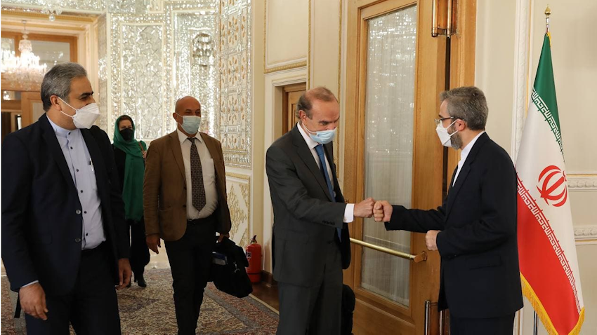 Enrique Mora, the deputy secretary general of the European External Action Service, meets Deputy Foreign Minister Ali Baqeri-Kani in Tehran, Iran on Oct. 14, 2021. (Photo via Iran's foreign ministry website) 