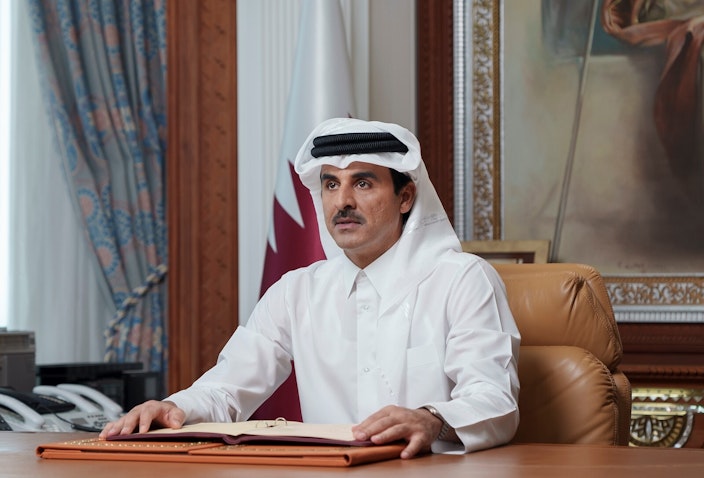 Qatari Emir Sheikh Tamim bin Hamad Al Thani in Doha on Oct. 12, 2021. (Photo via Getty Images)