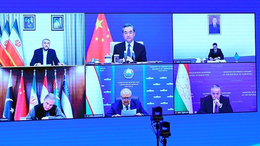 Foreign Ministers of Afghanistan's six neighbouring countries, Iran, China, Pakistan, Turkmenistan, Tajikistan and Uzbekistan attend a virtual meeting on Sept. 8, 2021. (Photo via Fars News Agency)