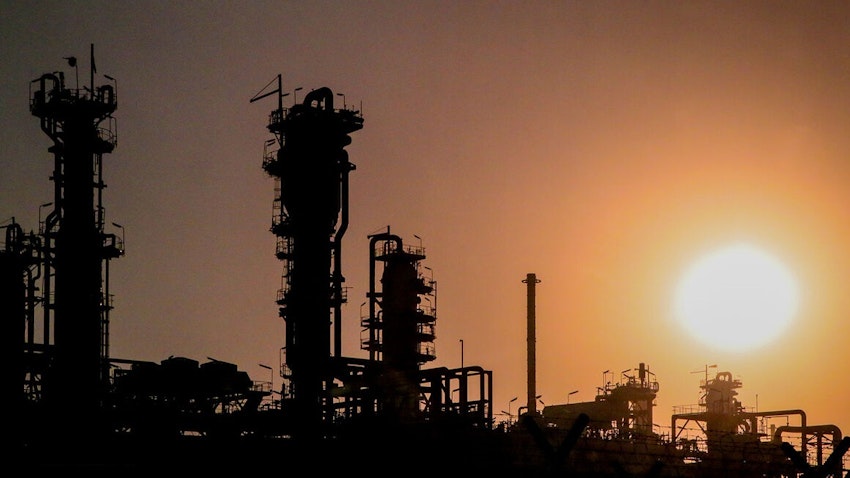 The sun sets in one of the refineries of the South Pars Gas Complex in Assaluyeh, Iran on Oct. 19, 2021. (Photo by Narges Mokhtar via Shana)