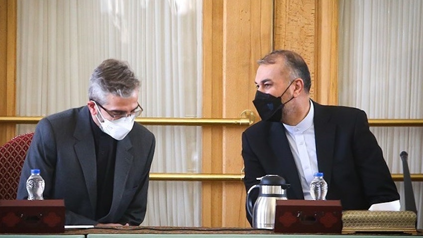 Iran's Foreign Minister, Hossein Amir-Abdollahian (R) speaks with his deputy, Ali Baqeri-Kani, in Tehran on Sept. 19, 2021. (Photo via Entekhab.ir)