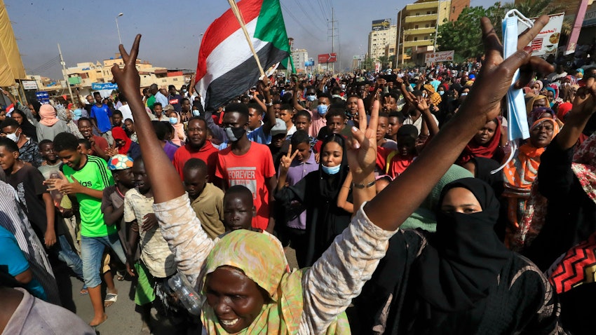 Sudanese protesters rally in Khartoum to denounce overnight detentions by the army on Oct. 25, 2021. (Photo via Getty Images)