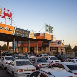 Cars lining up at a gas station near Iran's capital city of Tehran on Oct. 26. 2021. (Photo by Ali Abak via Fars News Agency)