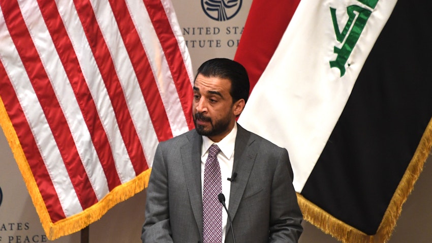 رئيس مجلس النواب العراقي محمد الحلبوسي يتحدث في العاصمة واشنطن. 29 مارس/آذار 2019. (الصورة عبر غيتي إيماجز)