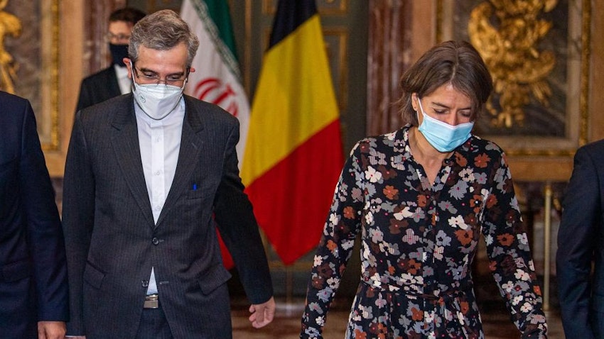 Iran's Deputy Foreign Minister Ali Baqeri-Kani and Belgium's Ministry of Foreign Affairs Chairwoman Theodora Gentzis in Brussels on Oct. 27, 2021. (Photo via Baqeri-Kani's Twitter account)