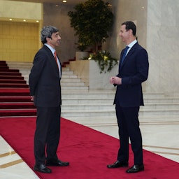 Emirati Foreign Minister Sheikh Abdullah bin Zayed Al Nahyan (L) meets with Syrian President Bashar Al-Assad in Damascus on Nov. 9, 2021. (Handout photo via Facebook)