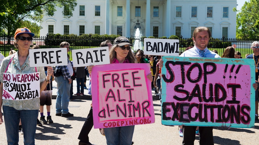 Protestors march in front of the White House to bring attention to the plight of Ali Al-Nimr, Dawood Al-Marhoon, and Abdullah Al-Zaher in Washington DC, US on Apr. 20, 2016. (Photo via Getty Images)