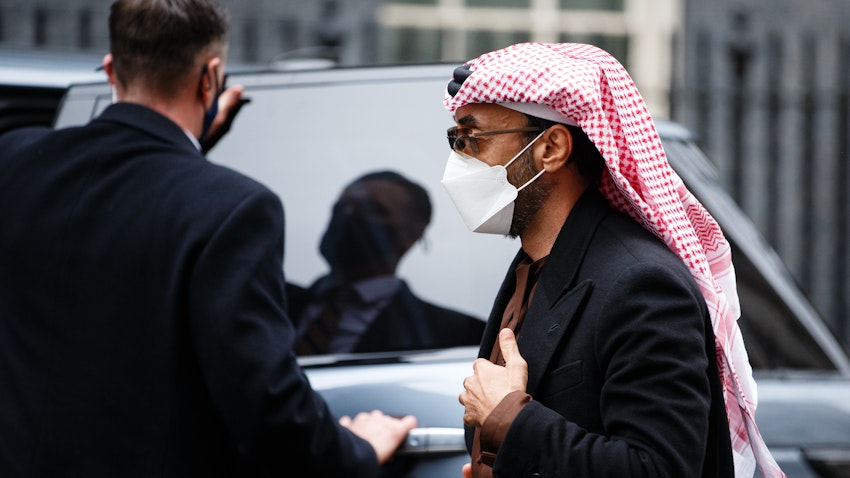 Emirati National Security Advisor Sheikh Tahnoon bin Zayed Al Nahyan arrives ahead of a meeting between Abu Dhabi Crown Prince Sheikh Mohammed bin Zayed Al Nahyan and British Prime Minister Boris Johnson in London on Dec. 10, 2020. (Photo via Getty Images)