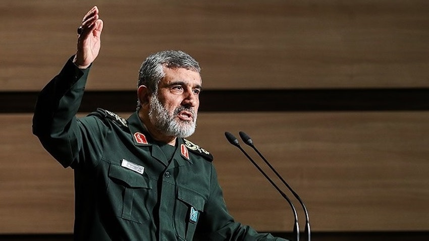 Amir Ali Hajizadeh, the commander of the Islamic Revolutionary Guard Corps (IRGC) Aerospace Force giving a speech at a conference in Tehran, Iran on ّFeb. 24, 2019. (Photo by Hamed Malekpour via Tasnim News Agency)